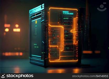 Hi-tech data storage server rack, neon computing design. Generative AI technology. Hi-tech data storage server rack, neon computing design. AI generated