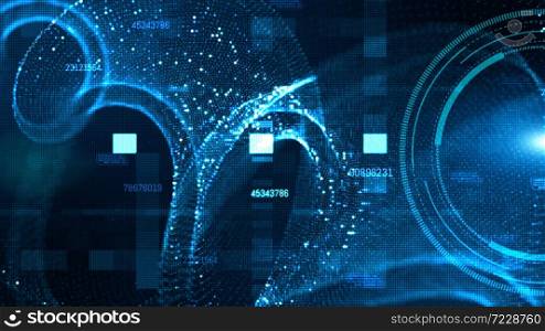 Hi-tech HUD and data with blue color digital particles flow future background concept