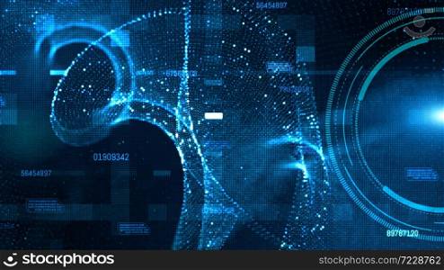 Hi-tech HUD and data with blue color digital particles flow future background concept