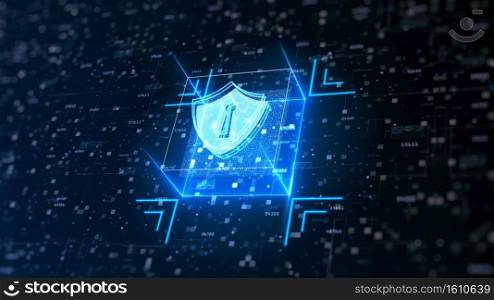 Hi-tech Shield of cyber security. Digital data network protection. High-speed connection data analysis. Technology data binary code network conveying. Future technology digital background concept.