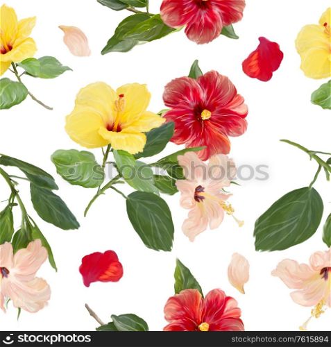 Hibiscus flowers Seamless Background. Floral Pattern on white