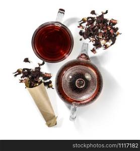 Hibiscus tea and beverage accessories on white background.. Hibiscus tea and beverage accessories on white background