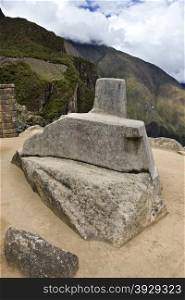 Hiching Post of the Sun at the Inca city of Machu Picchu in Peru, South America.