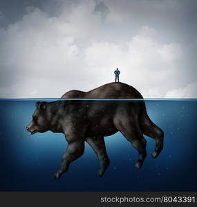 Hidden bear market financial concept as a naive or unsuspecting businessman standing on an island that turns out to be an animal underwater as a metaphor for unknown economic signs of a slowdown in a 3D illustration style.