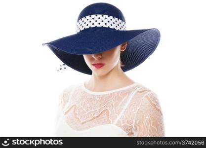 hiding eyes under sun hat. young woman hiding her eyes under a sun hat on white background