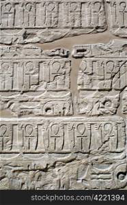 Hieroglyphics on the wall of Karnak temple in Luxor, Egypt