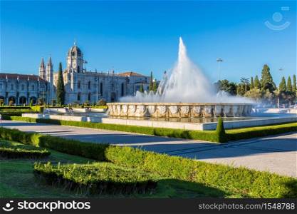 Hieronymites Monastery and fountain in Lisbon, Portugal