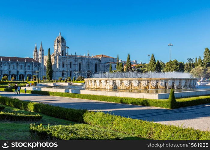 Hieronymites Monastery and fountain in Lisbon, Portugal