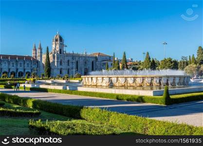 Hieronymites Monastery and fountain in Lisbon, Portugal