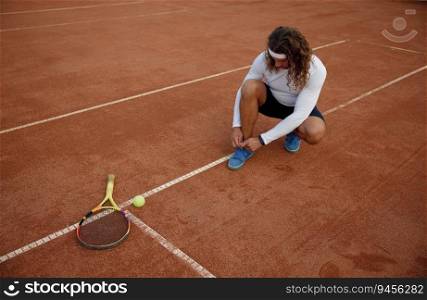 High angel view on young male tennis player tying sneakers shoelaces on court. Getting ready for match or training game. High angel view on young male tennis player tying shoelaces on court