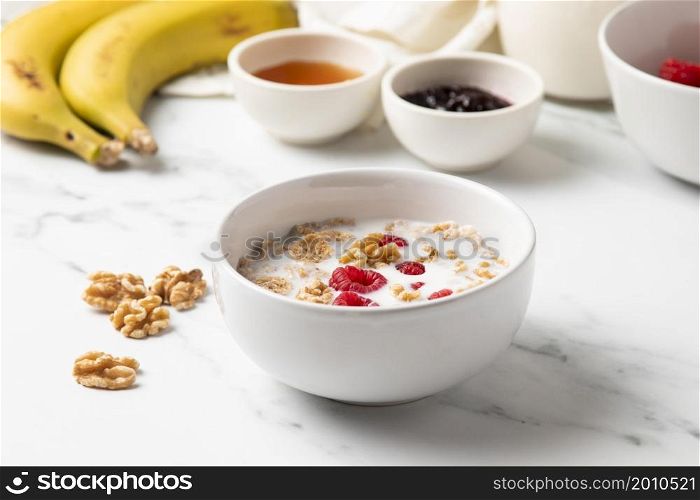 high angle arrangement healthy bowl cereals ingredients