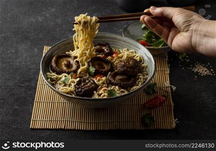 high angle arrangement noodles bowl