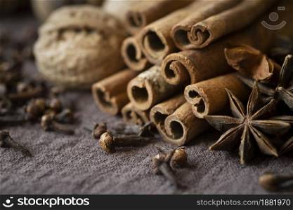 high angle arrangement with nuts cinnamon sticks