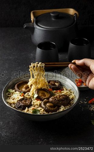 high angle assortment noodles bowl