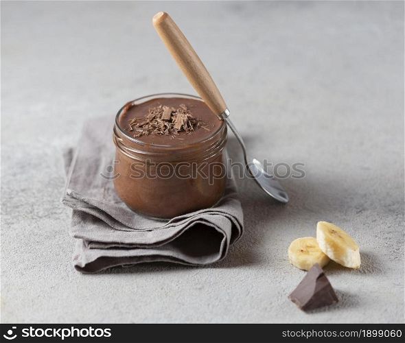 high angle banana chocolate pudding. Resolution and high quality beautiful photo. high angle banana chocolate pudding. High quality beautiful photo concept