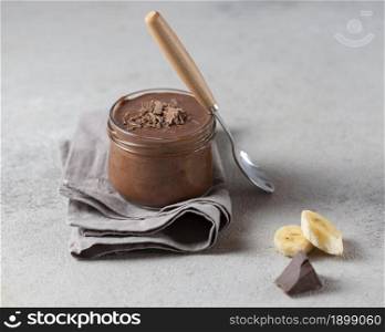 high angle banana chocolate pudding. Resolution and high quality beautiful photo. high angle banana chocolate pudding. High quality beautiful photo concept