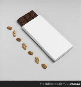 high angle blank chocolate bar package with nuts copy space