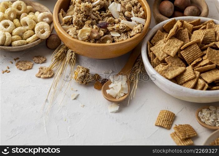 high angle bowls with assortment breakfast cereals
