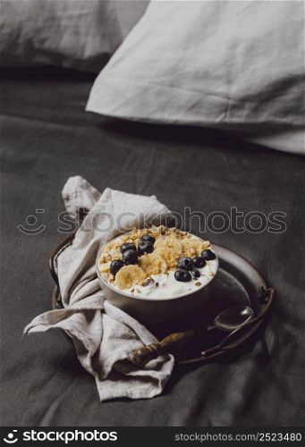 high angle breakfast bowl with cereal blueberries