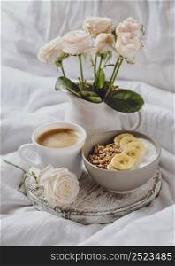 high angle breakfast bowl with roses