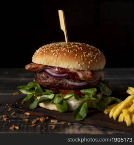high angle burger with fries table. Beautiful photo. high angle burger with fries table