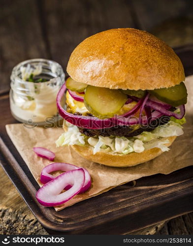 high angle burger with pickles