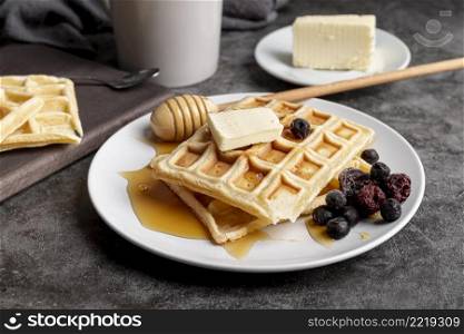 high angle butter honey waffles