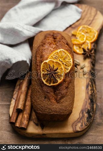 high angle cake loaf with dried citrus