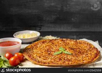 high angle cheese pizza with tomato sauce mozzarella basil