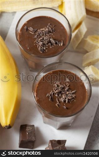 high angle chocolate bananas smoothie