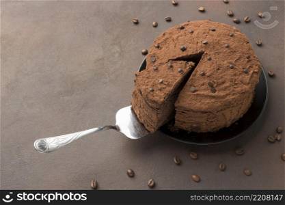 high angle chocolate cake with cocoa powder