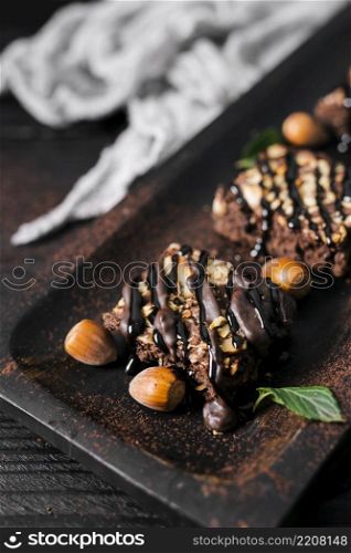 high angle chocolate nut brownies tray