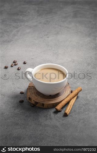 high angle coffee cup with cinnamon sticks copy space. High resolution photo. high angle coffee cup with cinnamon sticks copy space. High quality photo