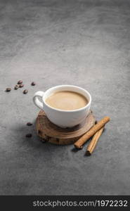 high angle coffee cup with cinnamon sticks copy space. High resolution photo. high angle coffee cup with cinnamon sticks copy space. High quality photo