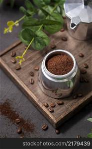 high angle coffee powder container wooden board