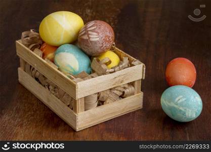 high angle colorful eggs easter wooden crate