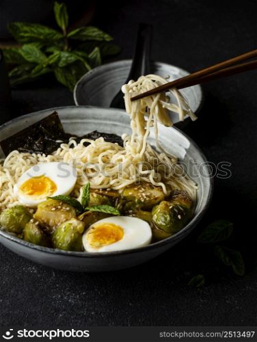 high angle composition noodles bowl