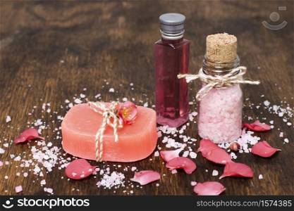 high angle composition with pink soap salt