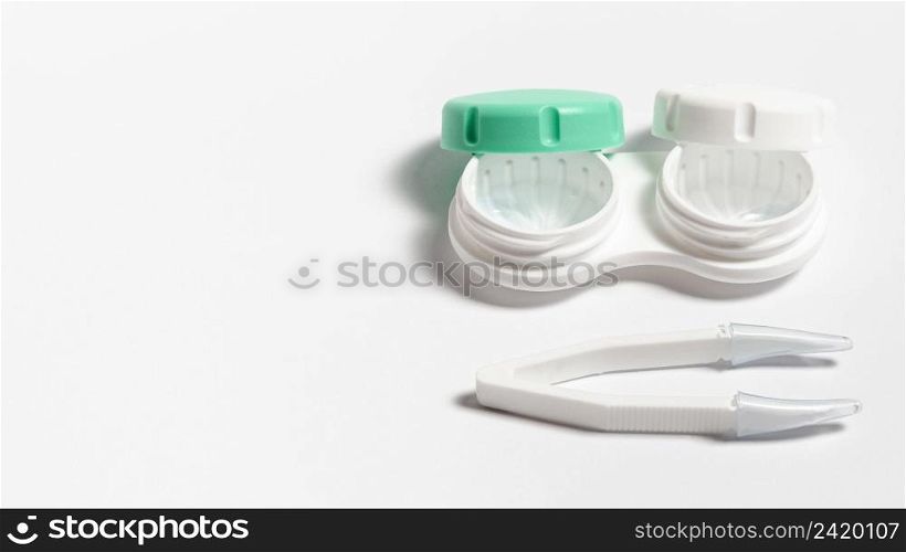high angle contact lenses case with copy space tweezers