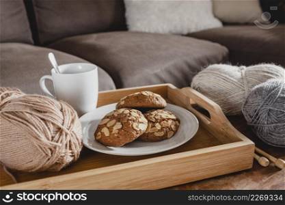 high angle cookies anf yarn with cup tray