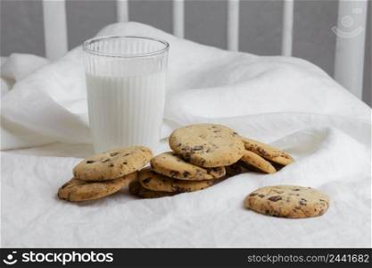 high angle cookies milk