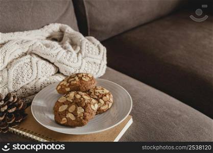 high angle cookies plate with agenda blanket
