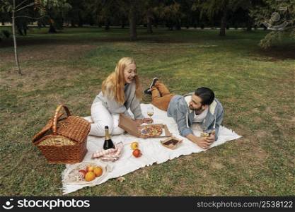high angle couple having picnic together