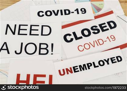 high angle covid19 unemployment signs. High resolution photo. high angle covid19 unemployment signs. High quality photo