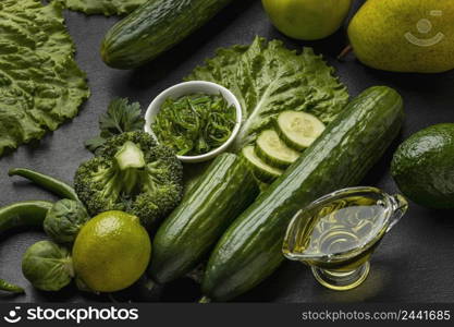 high angle cucumbers with broccoli