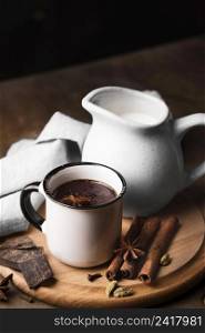 high angle cup with hot chocolate aromatic drink
