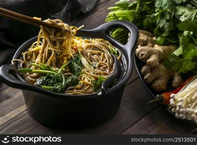 high angle delicious arrangement noodles table