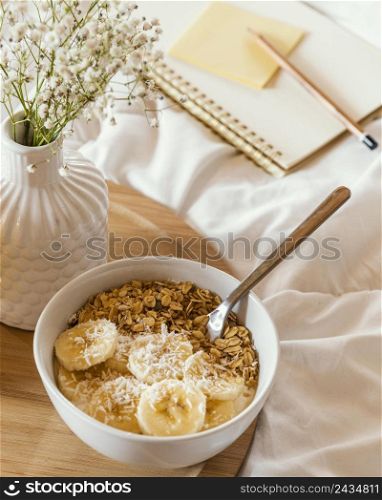 high angle delicious cereal banana slices