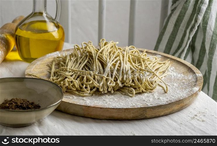 high angle delicious noodles wooden board