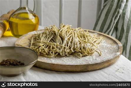 high angle delicious noodles wooden board